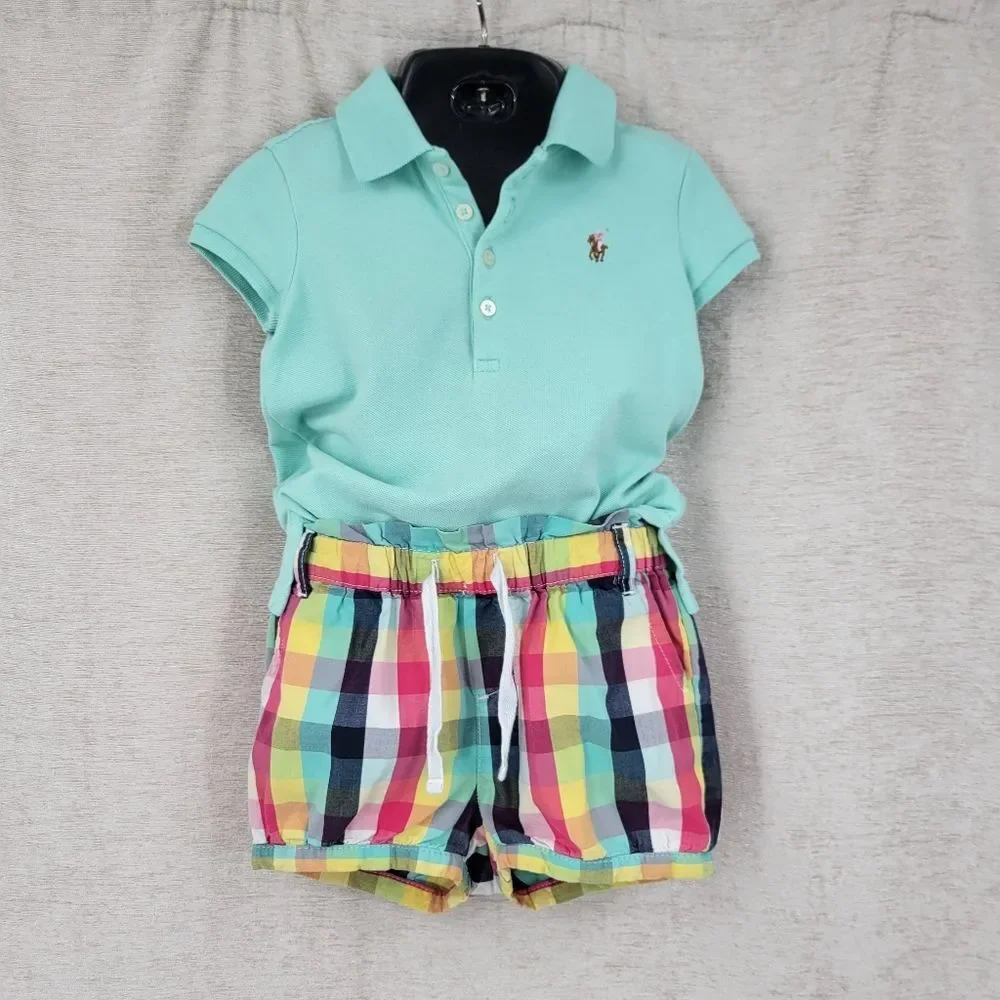 Girls Mint Polo Top by Ralph Lauren and Gap Plaid Shorts Cotton Size 3T